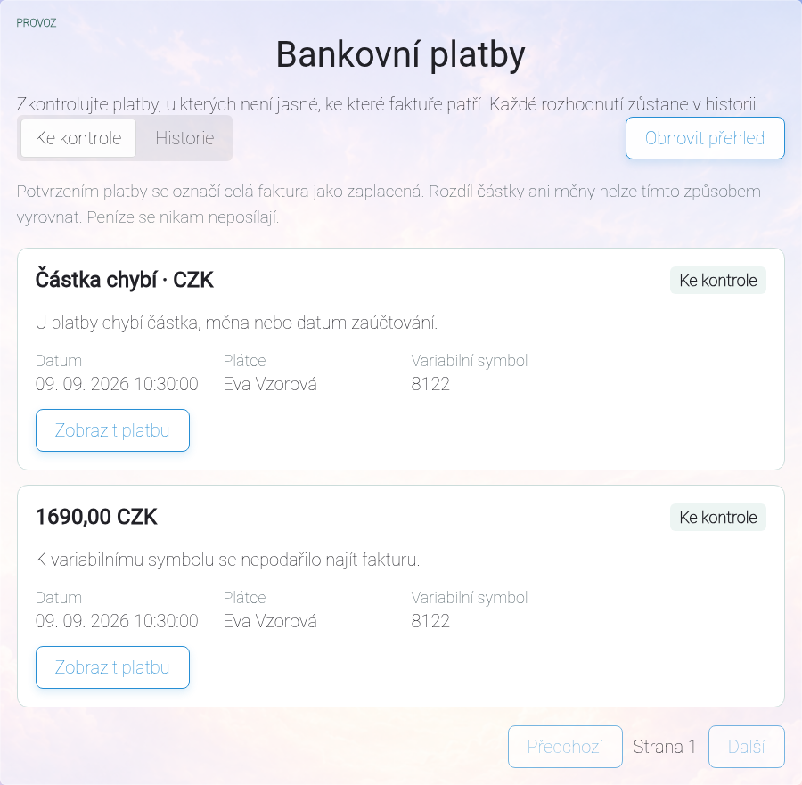 Seznam bankovních plateb ke kontrole s důvodem a dostupnými údaji.