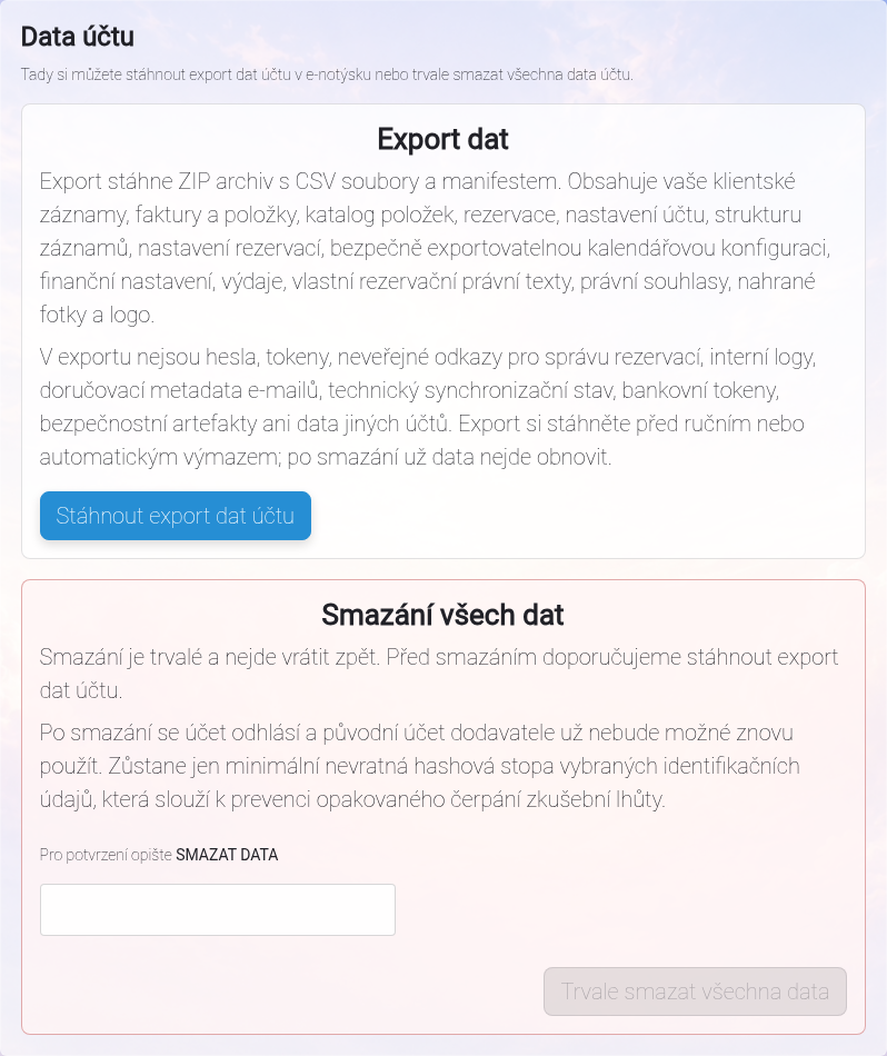 Stránka Data účtu s rozsahem exportu ZIP/CSV a trvalým smazáním dat.