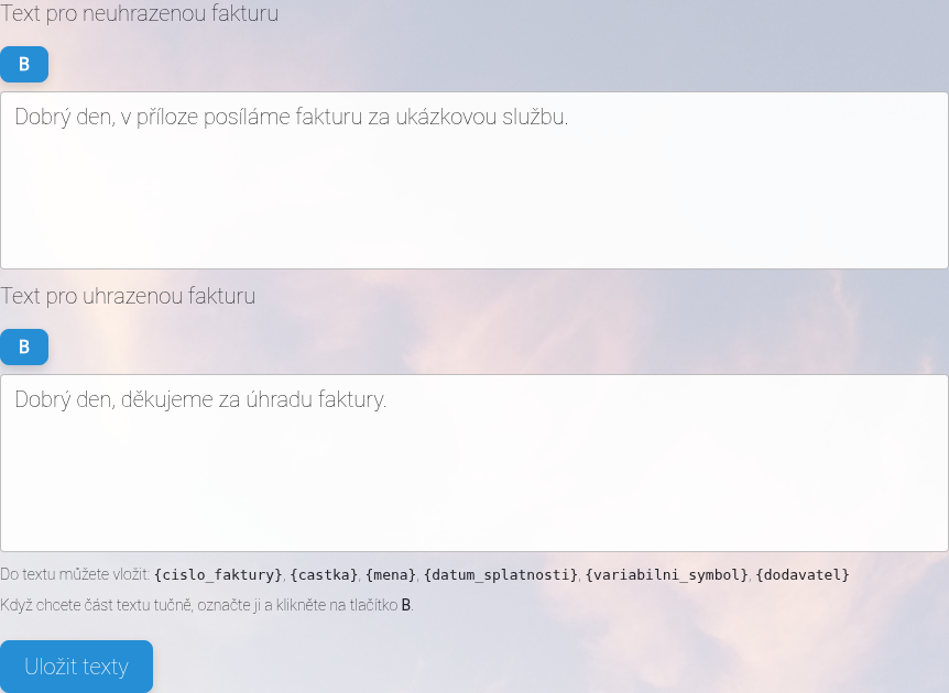 Nastavení textů e-mailů k fakturám.