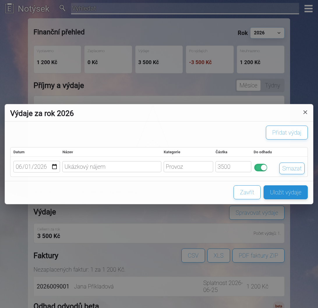 Okno pro správu ručních výdajů ve finančním přehledu.