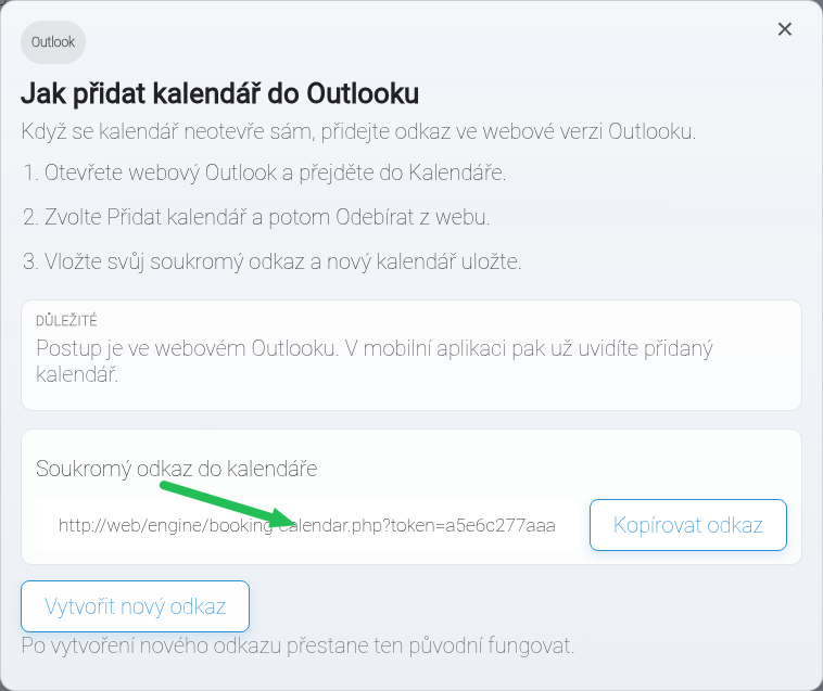 Ruční postup pro Outlook se soukromým odkazem do kalendáře.