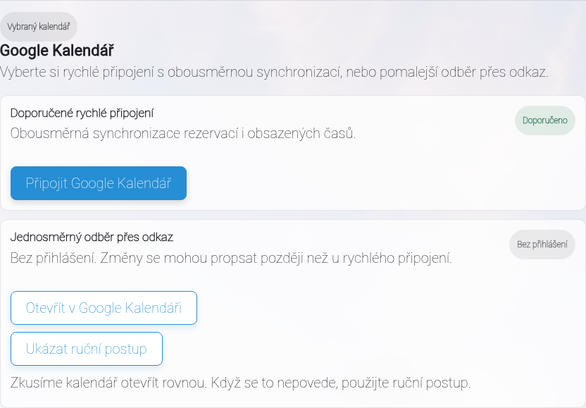 Volba rychlého připojení kalendáře.