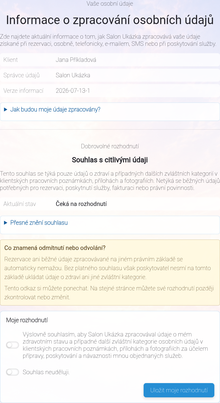 Veřejná stránka s informacemi o osobních údajích a jediným rozhodnutím o citlivých údajích.
