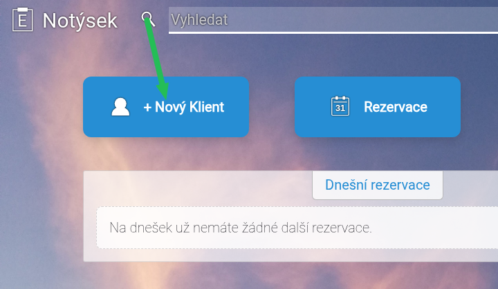 Tlačítko Nový Klient na hlavní stránce.