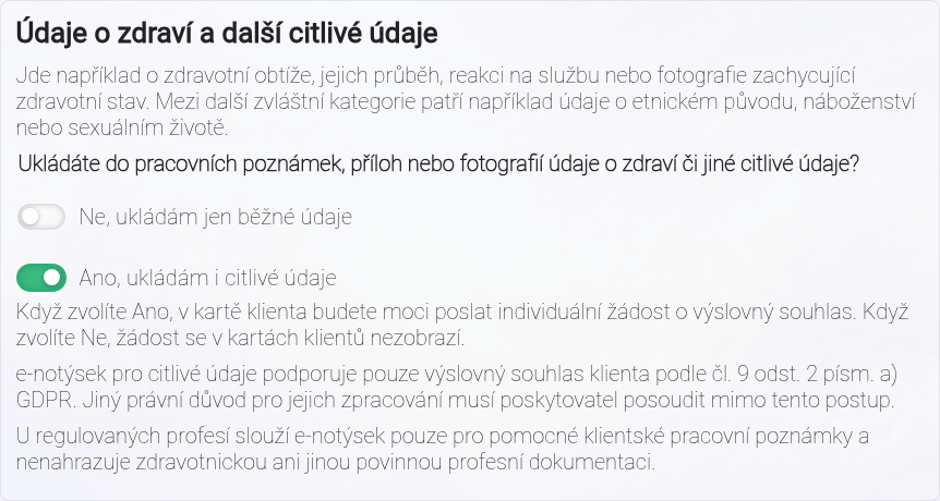 Nastavení podmínek, osobních údajů klientů a používání citlivých údajů.