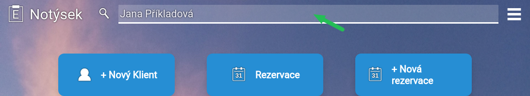 Vyhledávání klienta podle ukázkového jména Jana Příkladová.