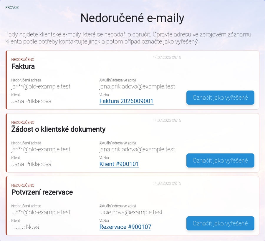 Přehled nedoručených klientských e-mailů v účtu.