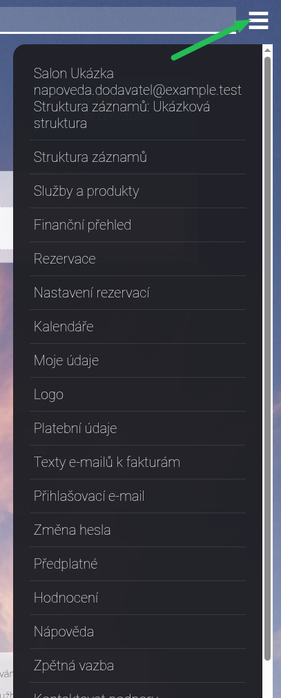 Rozbalené horní menu s položkou Nápověda a dalšími odkazy.