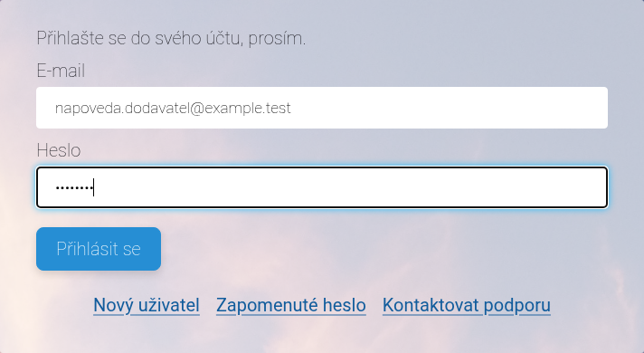 Přihlašovací formulář s ukázkovým e-mailem dodavatele.