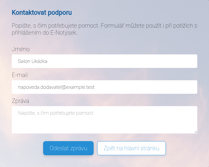 Formulář kontaktu na podporu.