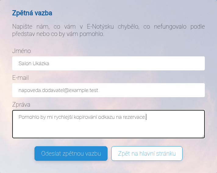 Formulář zpětné vazby s ukázkovým návrhem.