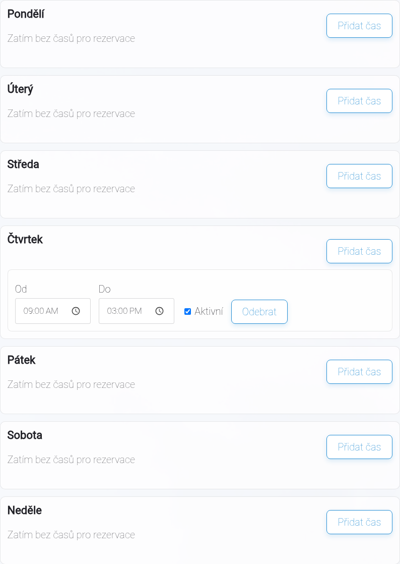 Rozvrh nabízených časů v nastavení rezervací.