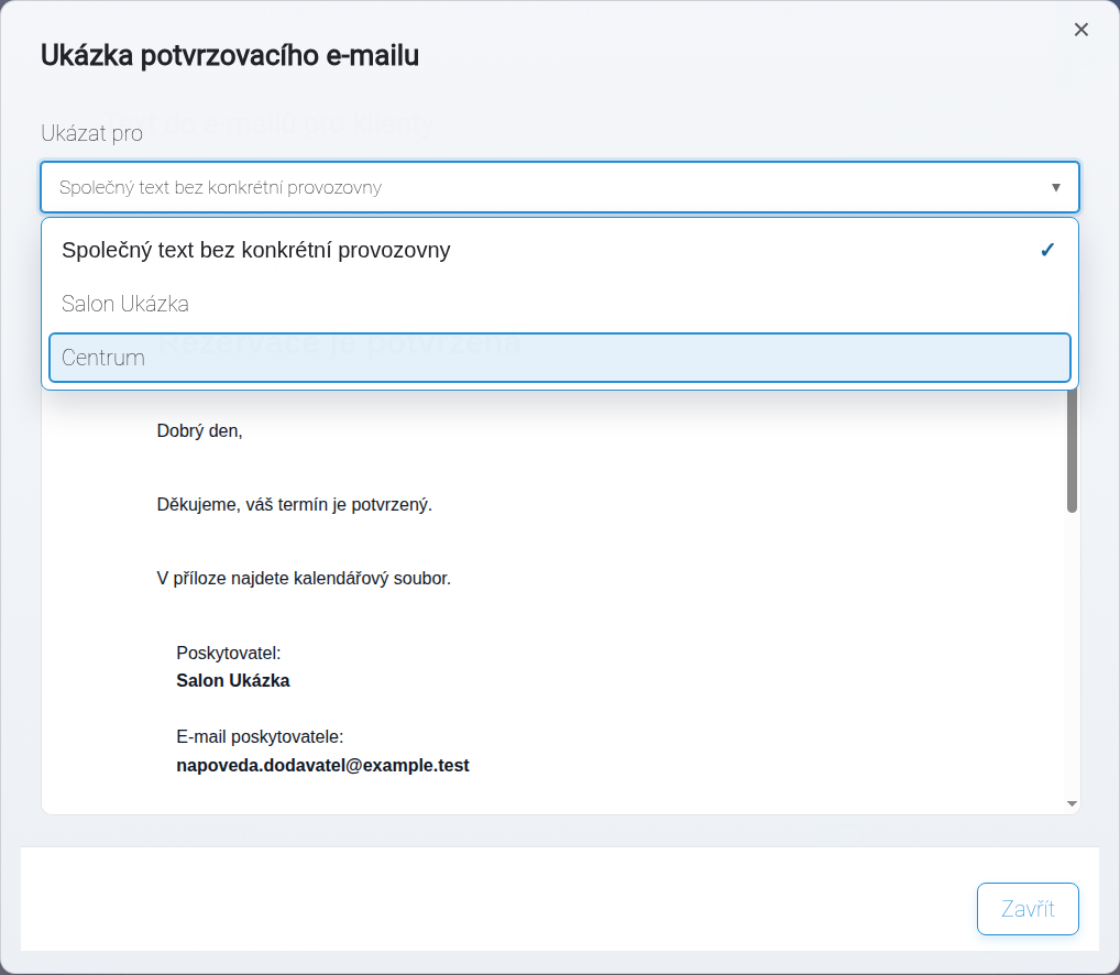 Otevřený náhled potvrzovacího e-mailu s výběrem provozovny.