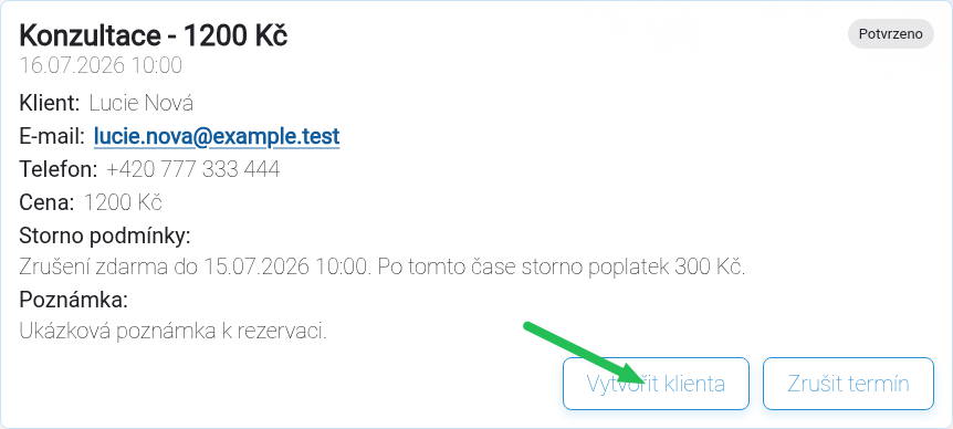 Seznam rezervací s tlačítkem pro vytvoření klienta.