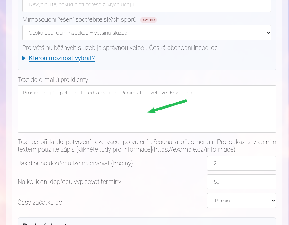 Horní část nastavení rezervací s odkazem pro klienty a textem do e-mailů.