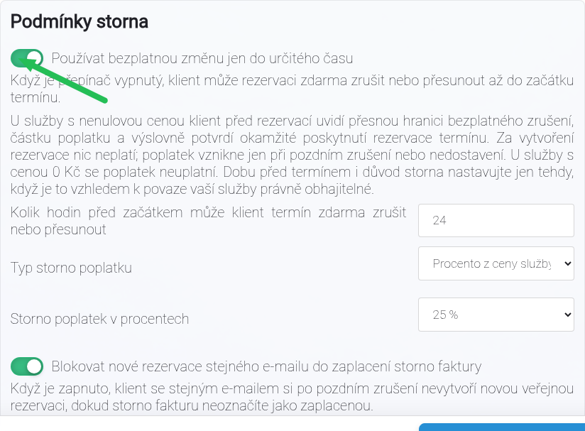 Část Podmínky storna v nastavení online rezervací.