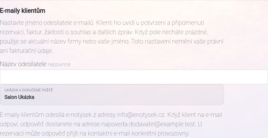 Nastavení názvu odesílatele pro klientské e-maily.