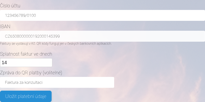 Platební údaje s číslem účtu a splatností faktur.