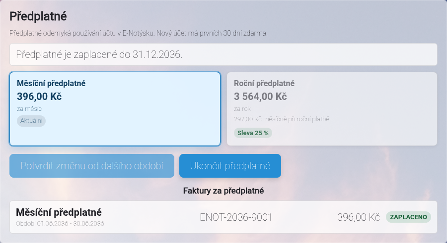 Stránka předplatného s aktuálním plánem a fakturami.