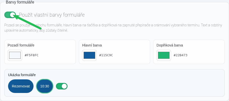Nastavení pozadí, hlavní a doplňkové barvy vloženého rezervačního formuláře.