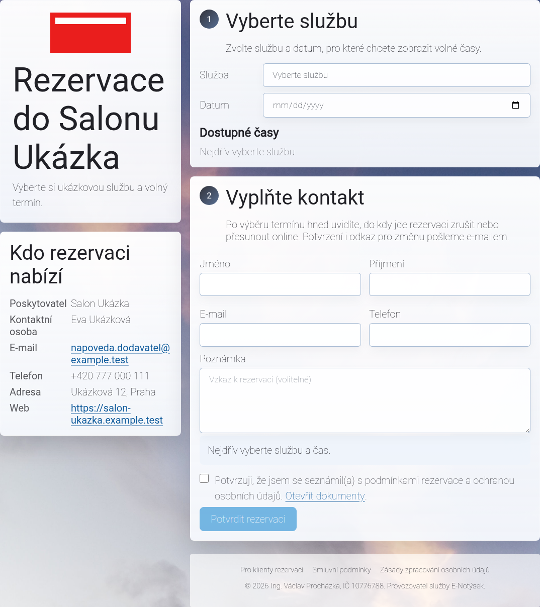 Veřejná rezervační stránka se službou Konzultace.