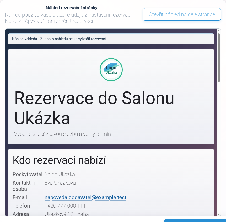 Náhled rezervační stránky s vybraným tmavým pozadím